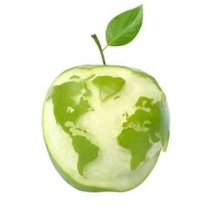 green apple with world map, isolated with clipping path